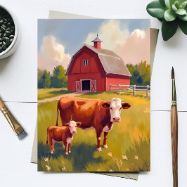 Postal Granja de animales de granero rojo pintura de vaca