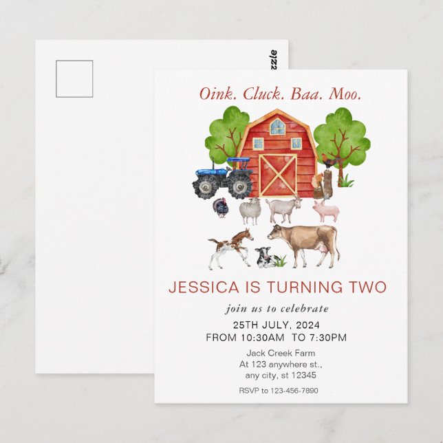 Postal Granja de Animales Tiernos en Acuarela Cumpleaños  (Anverso / Reverso)