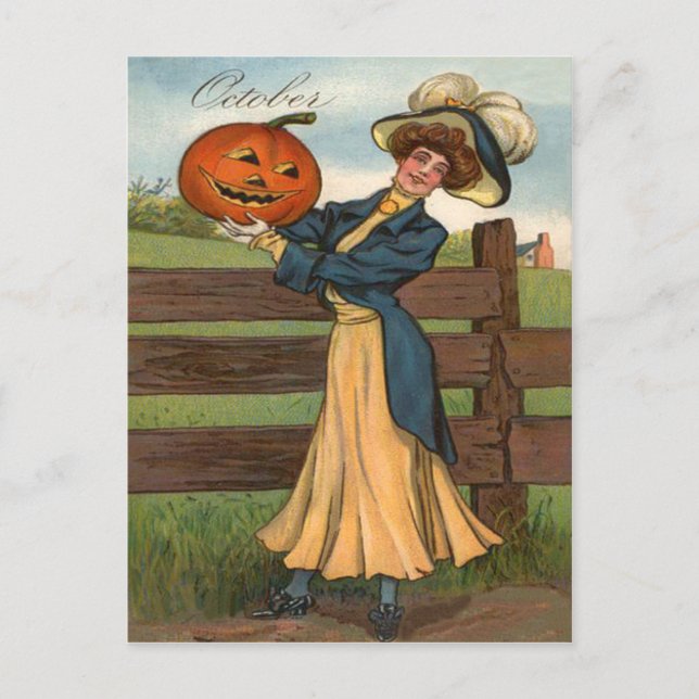 Postal Granja de Calabazas Jack O' Lantern con Mujer Sonr (Anverso)