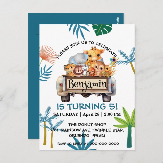 Postal Granja de la jungla del zoológico lindo cumpleaños (Anverso / Reverso)