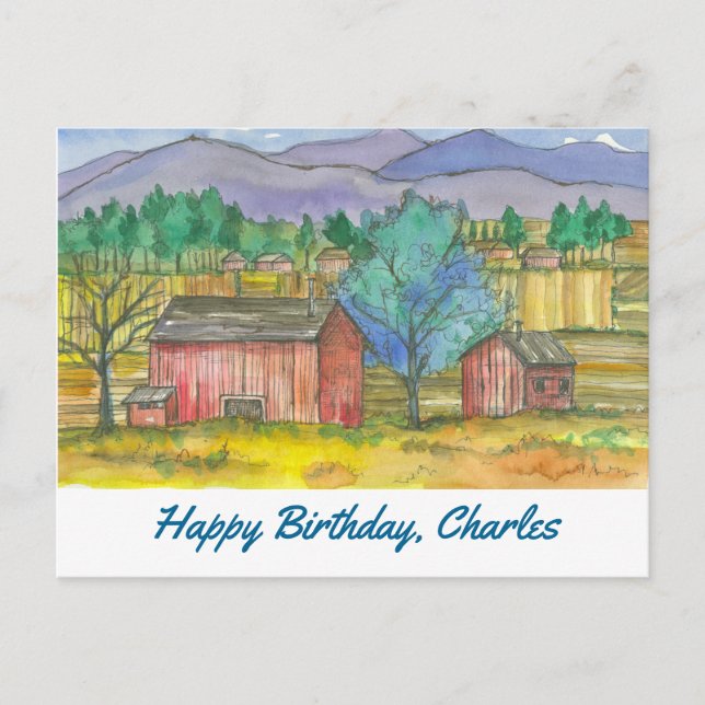 Postal Granja Land Red Barns Happy Birday Custom Name (Anverso)