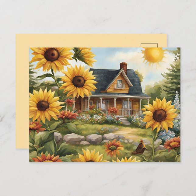 Postal Granja rural Dreamy Golden Sunflowers (Anverso / Reverso)