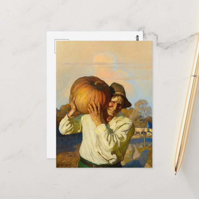 Postal Granjero con calabaza de Newell Convers Wyeth (Anverso/Reverso In Situ)