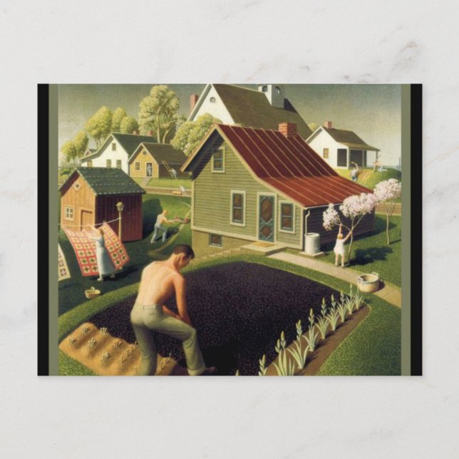 Postal Grant Wood - Primavera en la ciudad (Anverso)