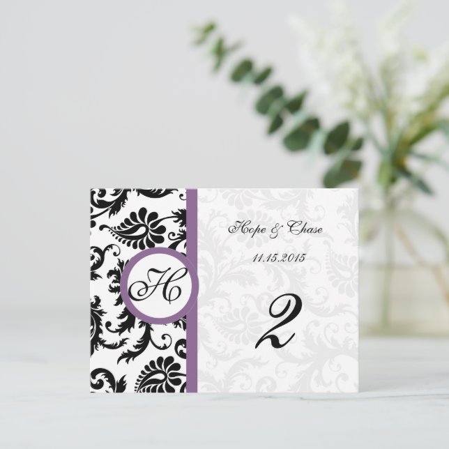 Postal Grape & Black Damask Swirls Table Number Cards (Anverso de pie)