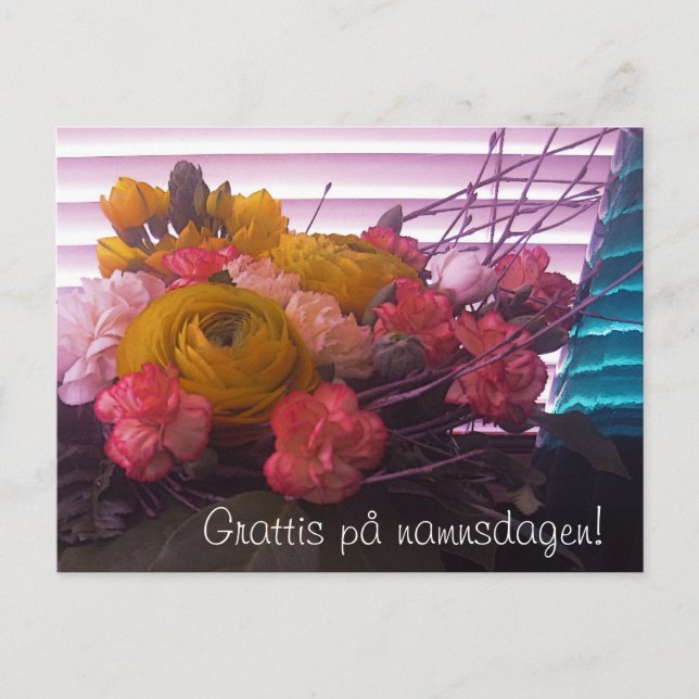 Postal Grattis på namnsdagen, blommor kort (Anverso)