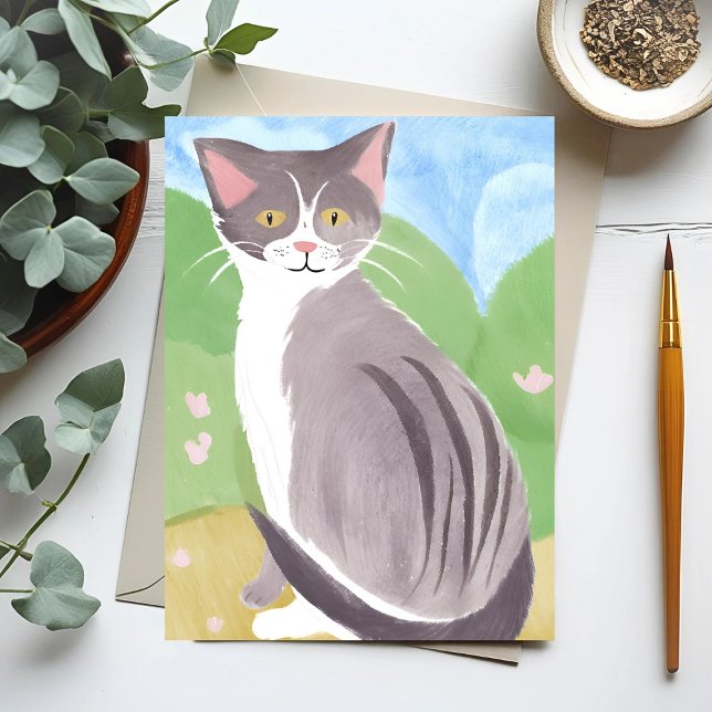 Postal Gray Tabby Cat | Pintura de acuarela (Subido por el creador)