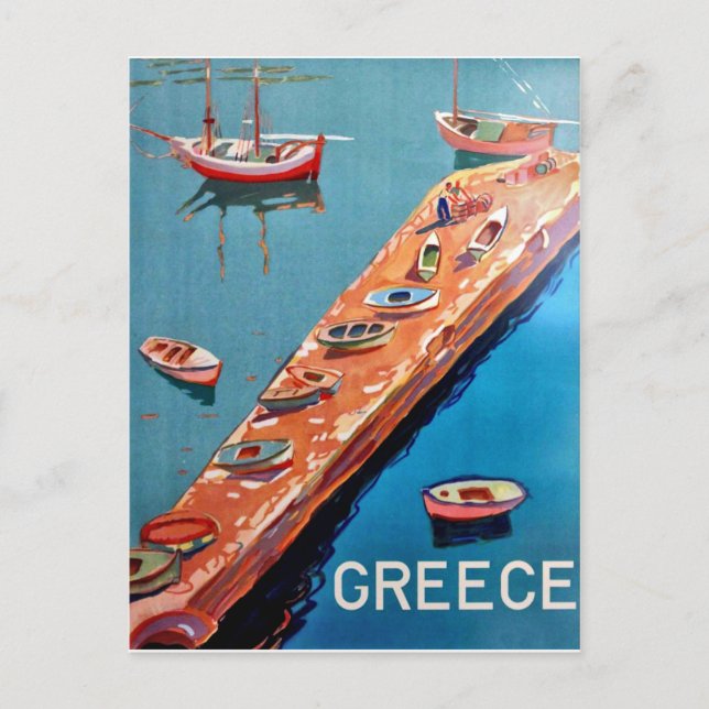 Postal Grecia, barcos pesqueros en la costa (Anverso)