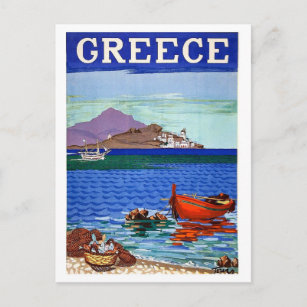 Postal Grecia, costa, barco de pesca en el agua, vintage