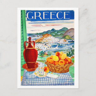 Postal Grecia, frutas en la mesa, vista panorámica por la