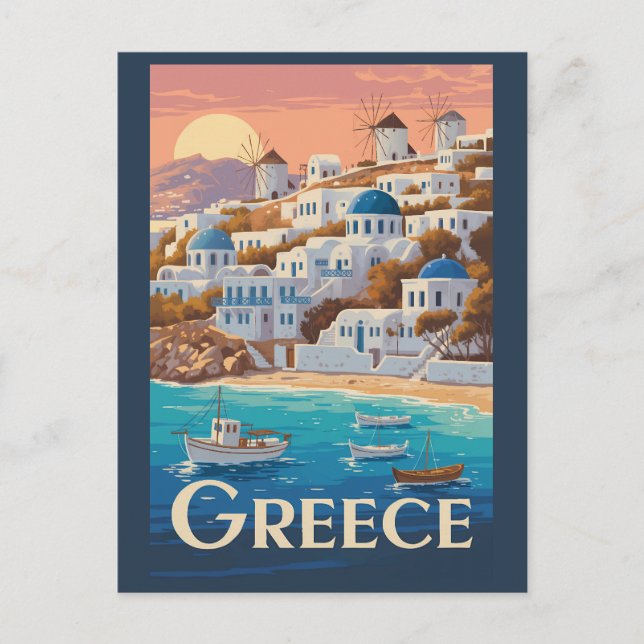 Postal Grecia Mikonos Ilustracion Viaje arte (Anverso)