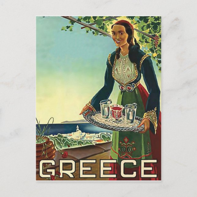 Postal Grecia, mujer con la bienvenida tradicional, cosec (Anverso)
