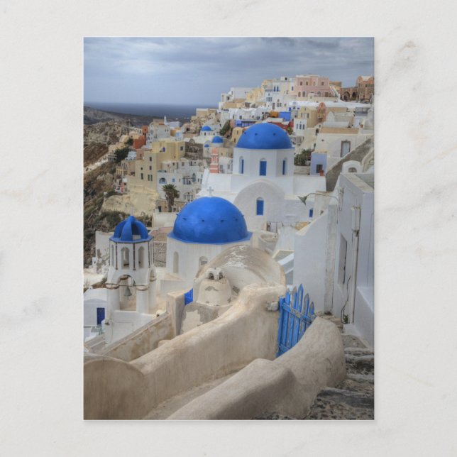 Postal Grecia, Santorini. Campanario y cúpulas azules de  (Anverso)