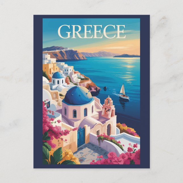 Postal Grecia Santorini Ilustracion Viaje Arte Vintage (Anverso)