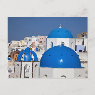 Postal Grecia, Santorini. Torre bell y cúpulas azules de