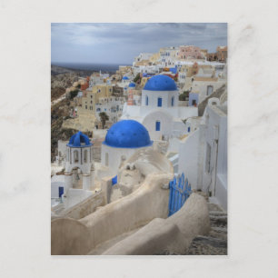 Postal Grecia, Santorini. Torre de campanas y cúpulas azu