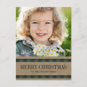 Postal Green Black Gingham Kraft Merry Christmas Photo