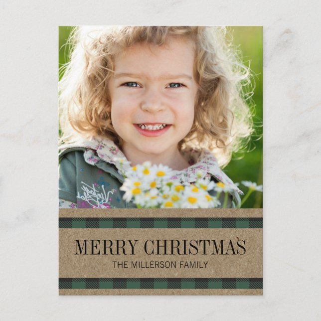 Postal Green Black Gingham Kraft Merry Christmas Photo (Anverso)