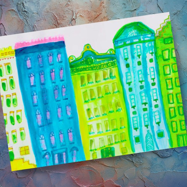 Postal Green Blue Cityscape Apartments New York Street (Colorful watercolor cityscape apartment office buildings custom postcard)