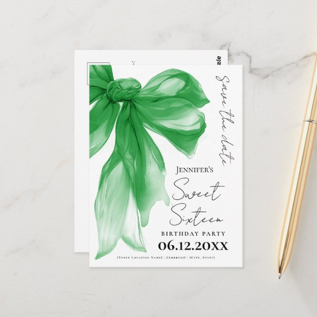 Postal Green Bow Coquette Sweet 16 Save the Date  (Anverso/Reverso In Situ)
