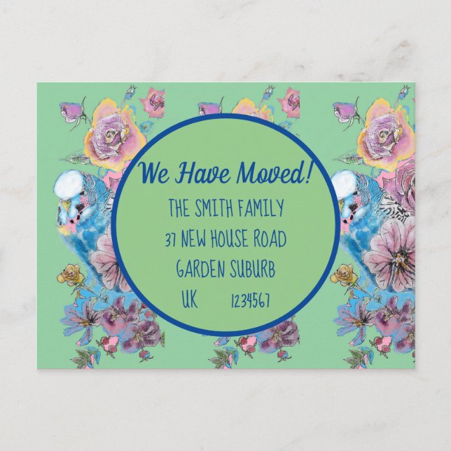 Postal Green Floral New Address Postcard, Nos Estamos Mov (Anverso)