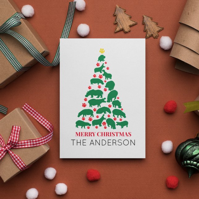 Postal Green Hippo Christmas Tree Red Paw (Subido por el creador)