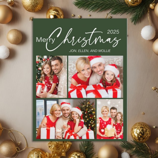 Postal Green Merry Christmas 4 Photo Holiday (Green 4-photo Christmas greeting postcard)