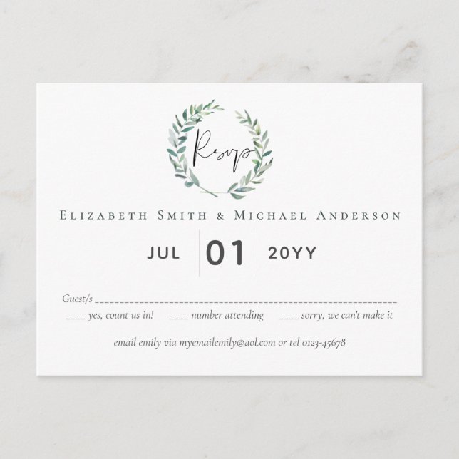 Postal Green Olive Wreath Greenery Budget Wedding RSVP (Anverso)