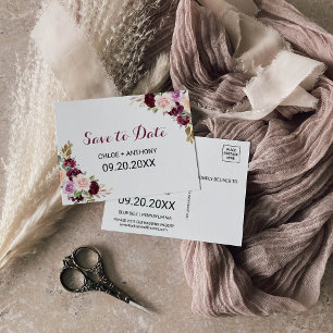 Postal Green Rubor Burgundy Floral Save the Date Card