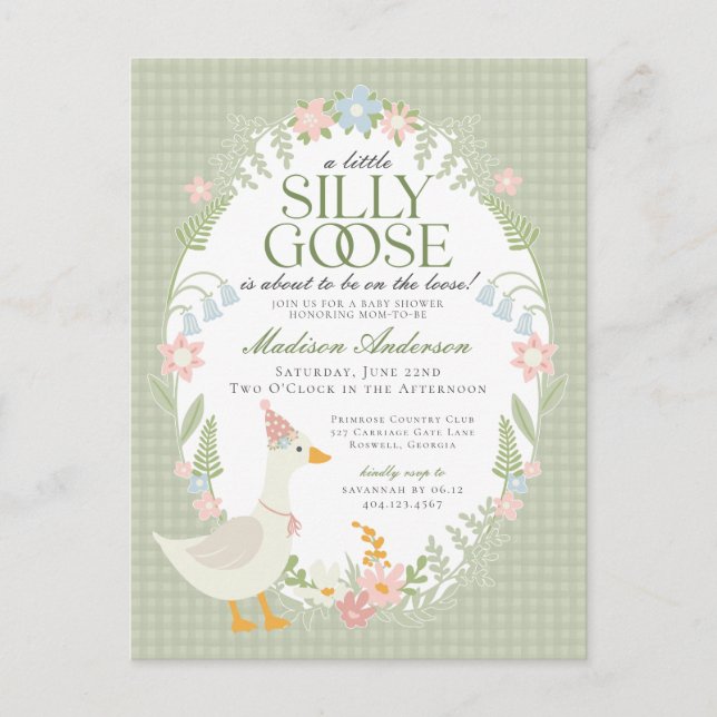 Postal Green Silly Goose Floral Gingham Baby Shower (Anverso)
