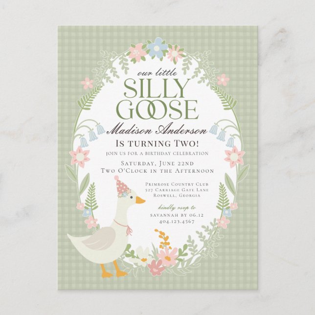 Postal Green Silly Goose Floral Gingham Birthday Party (Anverso)