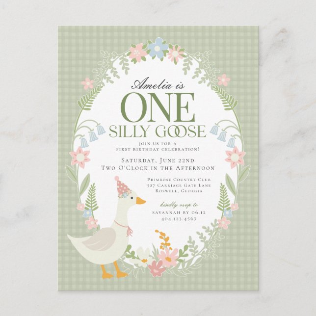 Postal Green Silly Goose Floral Gingham First Birday (Anverso)