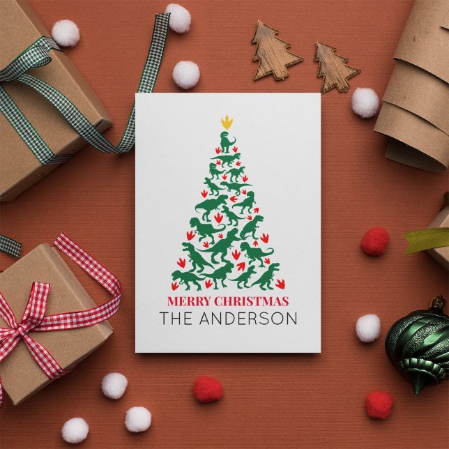 Postal Green T Rex Christmas Tree Red Paw (Subido por el creador)