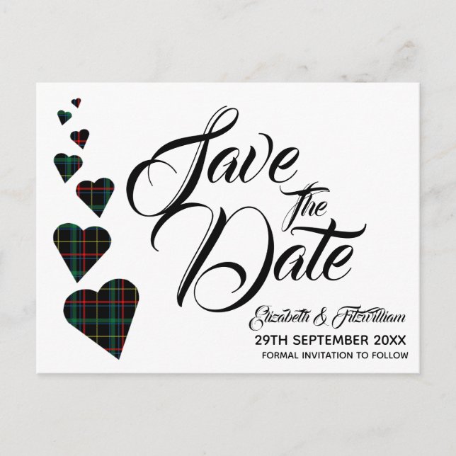Postal Green Tartán Heart Save the Date Postcard (Anverso)
