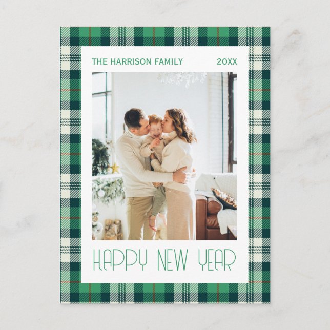 Postal Green Tartan Plaid Happy New Year Photo (Anverso)