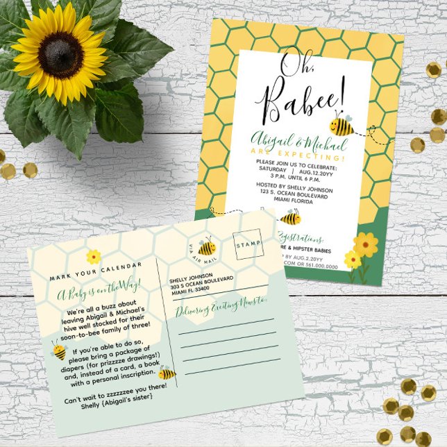 Postal Green Watercolor Bumble Bee 🐝 Presupuesto Baby Sh (Budget-Friendly Green and Yellow Gender-Neutral Bee Baby Shower Postcards (save on postage too!) )