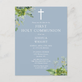 Postal Greenery Blue First Holy Communition Save the Date