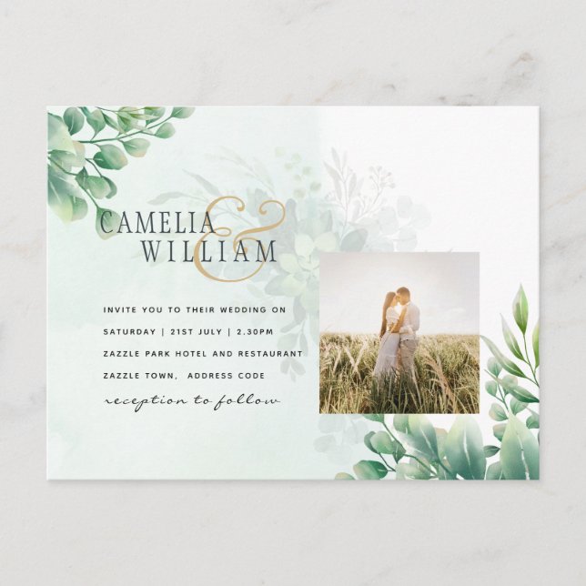 Postal Greenery Gold Eucalyptus BODA QR CÓDIGO Moderno (Anverso)