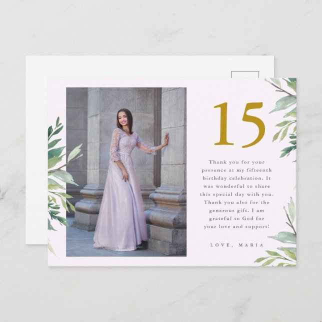 Postal Greenery Two Photo Quinceanera Blush Gracias (Anverso / Reverso)