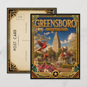 Postal Greensboro Carolina del Norte Arte Deco Dorado Vin