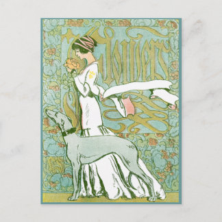 Postal Greyhound de Art Nouveau y Lady con flores