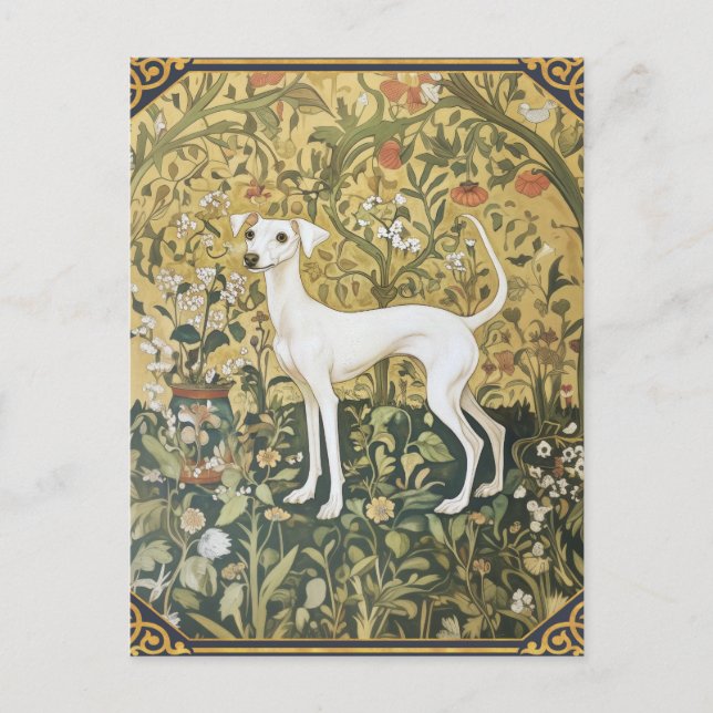 Postal Greyhound italiano en un jardín pre-Raphaelite (Anverso)