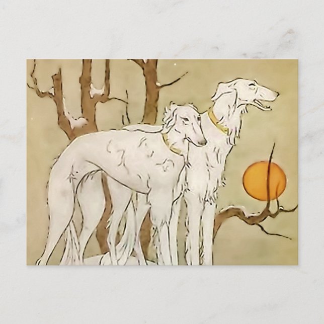Postal “Greyhounds en invierno” de Marjorie Miller (Anverso)