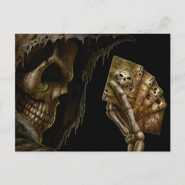 Postal Grim Reaper Juega Cartas Con Mano Ganadora (Anverso)