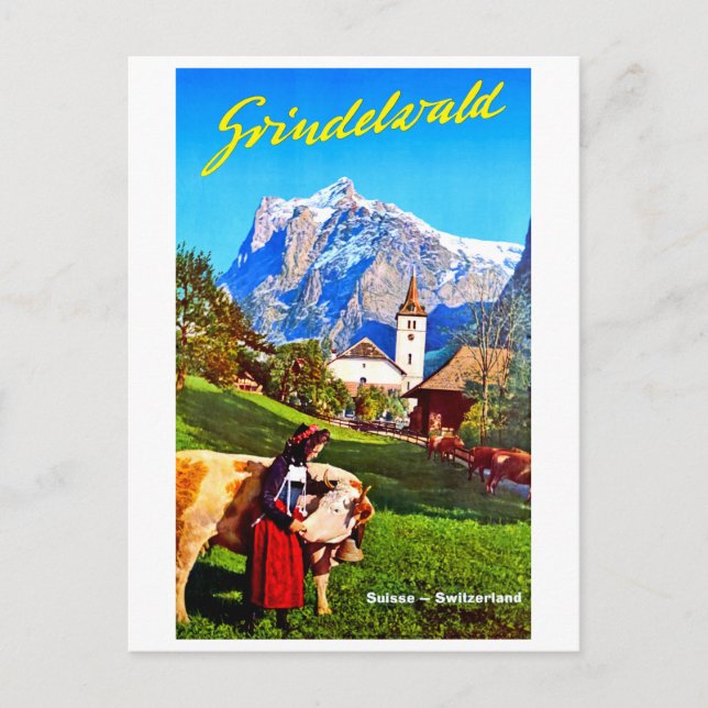 Postal Grindelwald, pueblo, Suiza, primavera, vintage (Anverso)