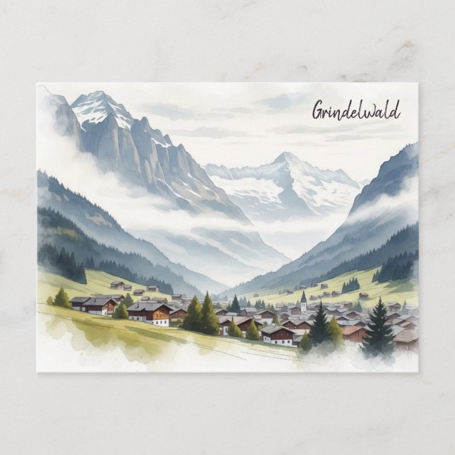 Postal Grindelwald Suiza acuarela de viaje (Anverso)