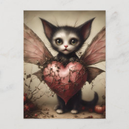 Postal Gris Bat Cat Fairy with Pink Heart