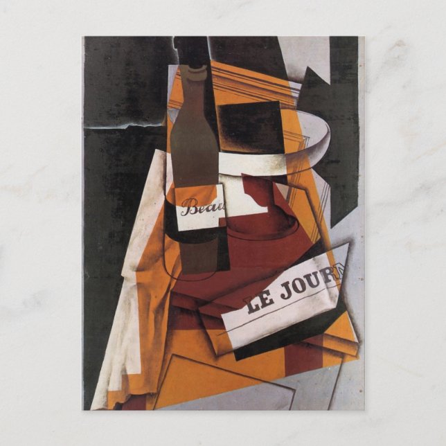 Postal Gris - Botella, periódico y bol de frutas (Anverso)