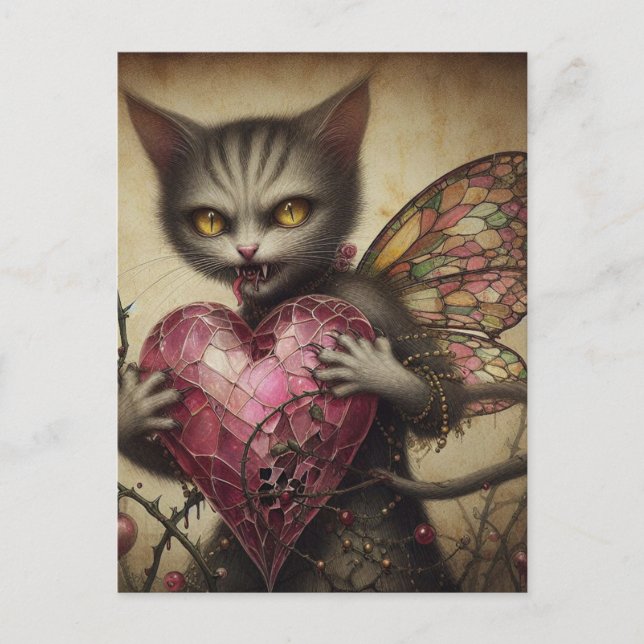 Postal Gris Gato Vampiro Hada Corazón Rosa Brambles (Anverso)