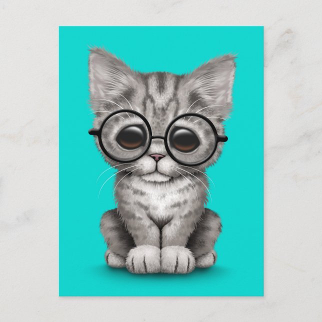Postal Gris lindo grisáceo gatito con ojos azules (Anverso)